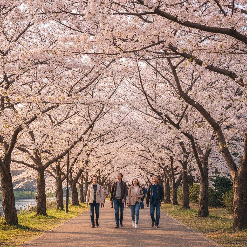 부평공원의 울창한 벚꽃 터널 풍경